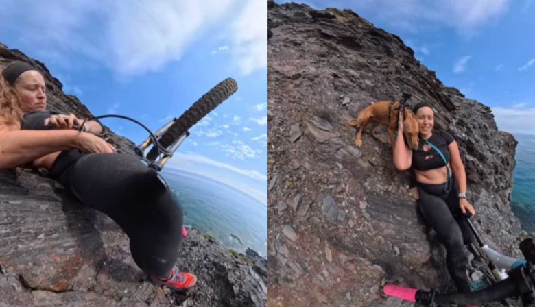 Video: una ciclista grabó el momento en el que casi se cae por un acantilado mientras paseaba en bicicleta