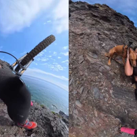 Video: una ciclista grabó el momento en el que casi se cae por un acantilado mientras paseaba en bicicleta