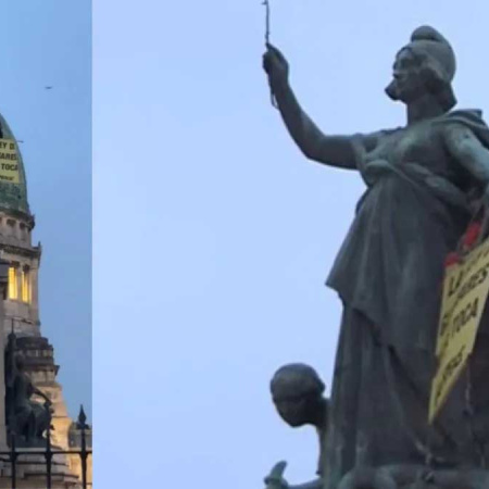 Protesta de Greenpeace contra la Ley de Glaciares: activistas se treparon al monumento los dos Congresos
